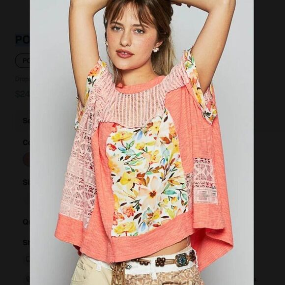 POL NEW Hollow Out Floral Half Sleeve Knit Top in coral - small - Picture 1 of 7